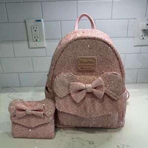 Disney Loungefly Millennial Pink Sequin Backpack and Matching Wallet
